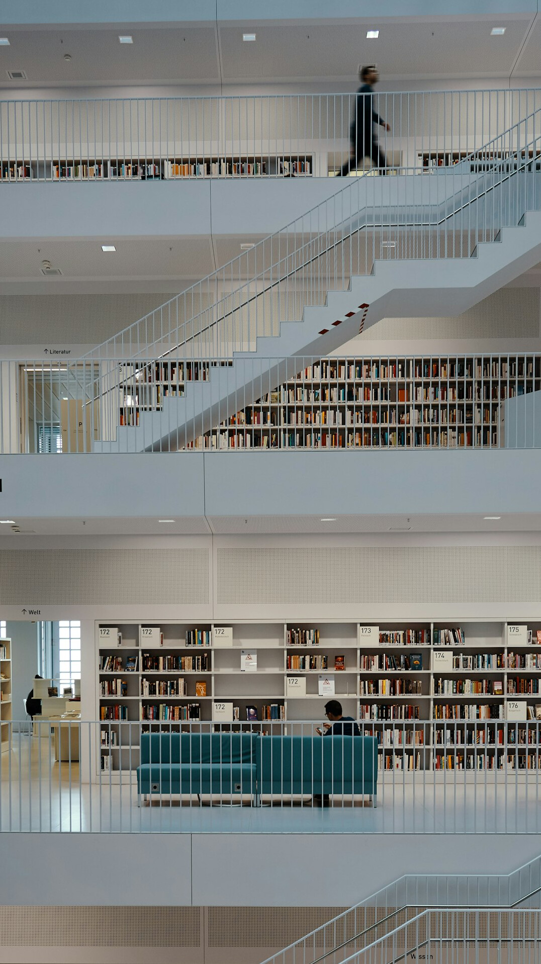 Interior of a quiet public library with tall bookshelves